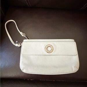 LACOSTE White Leather Wristlet Clutch with Silver Accent